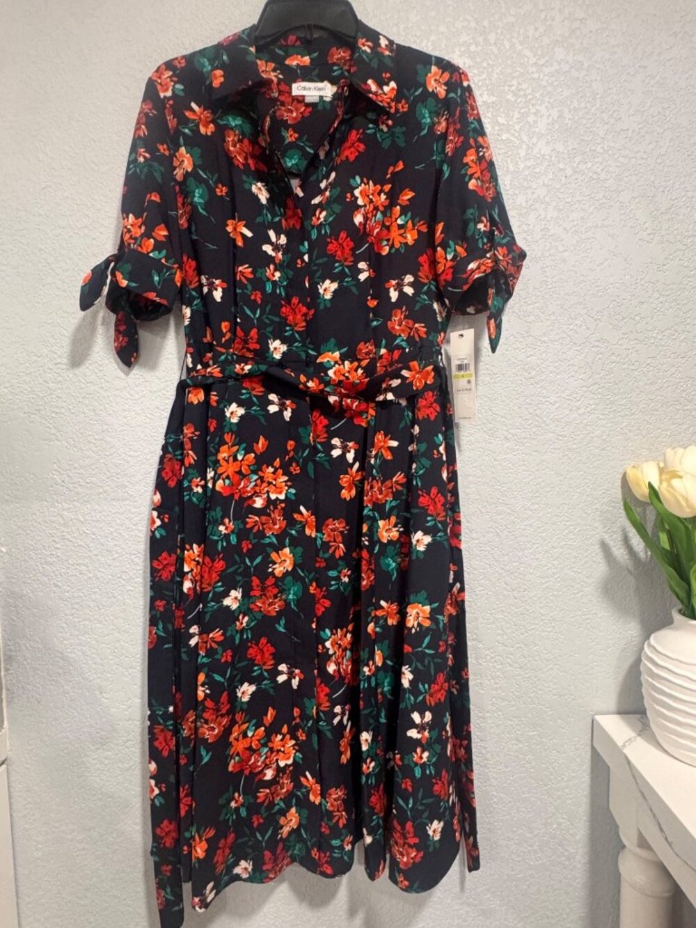 Calvin Klein Floral Belted Midi Dress Navy Orange Green MSRP $139 - Picture 5 of 9